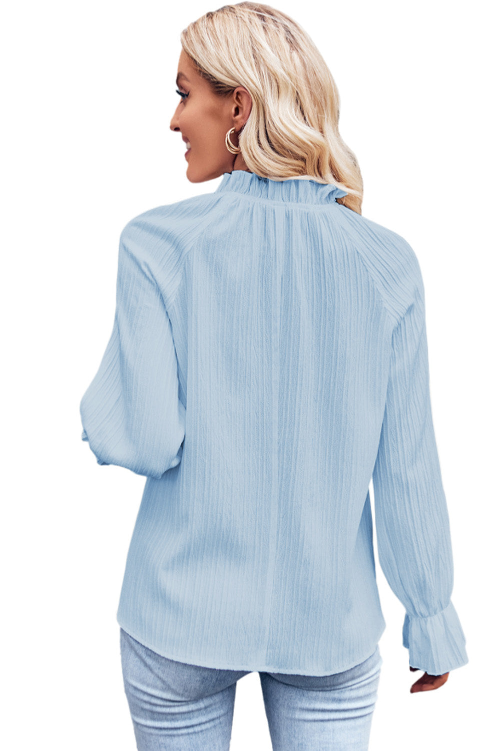 Sky Blue Frilled Mock Neck Ripple Bubble Sleeve Blouse