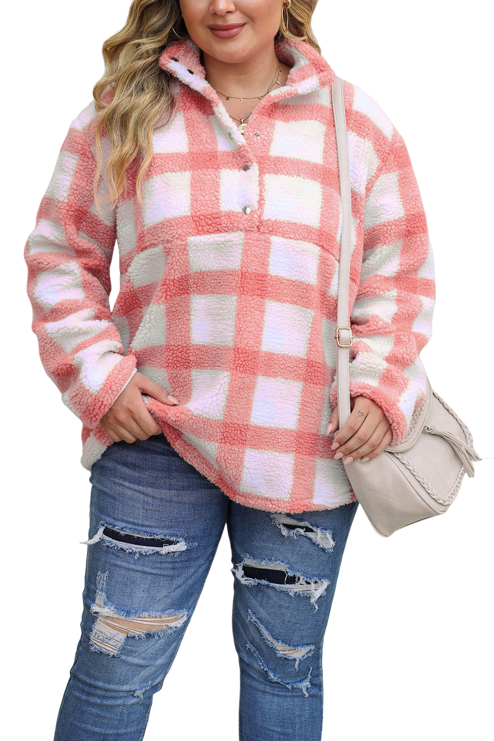 Sudadera tipo túnica con cuello henley y sherpa a cuadros en color rosa de talla grande 