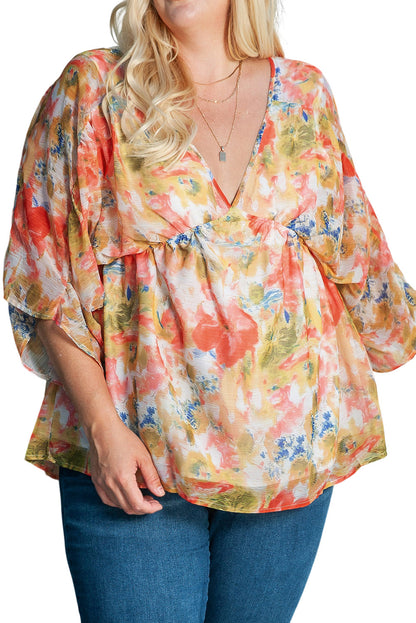 Blusa abstracta con escote en V y mangas drapeadas 