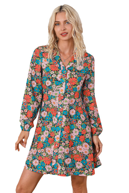 Vestido camisero con cuello de solapa, cierre de botones y estampado floral vibrante multicolor