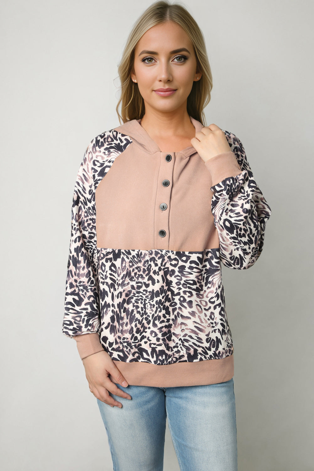 Leopard Print Buttoned Neckline Raglan Sleeve Hoodie