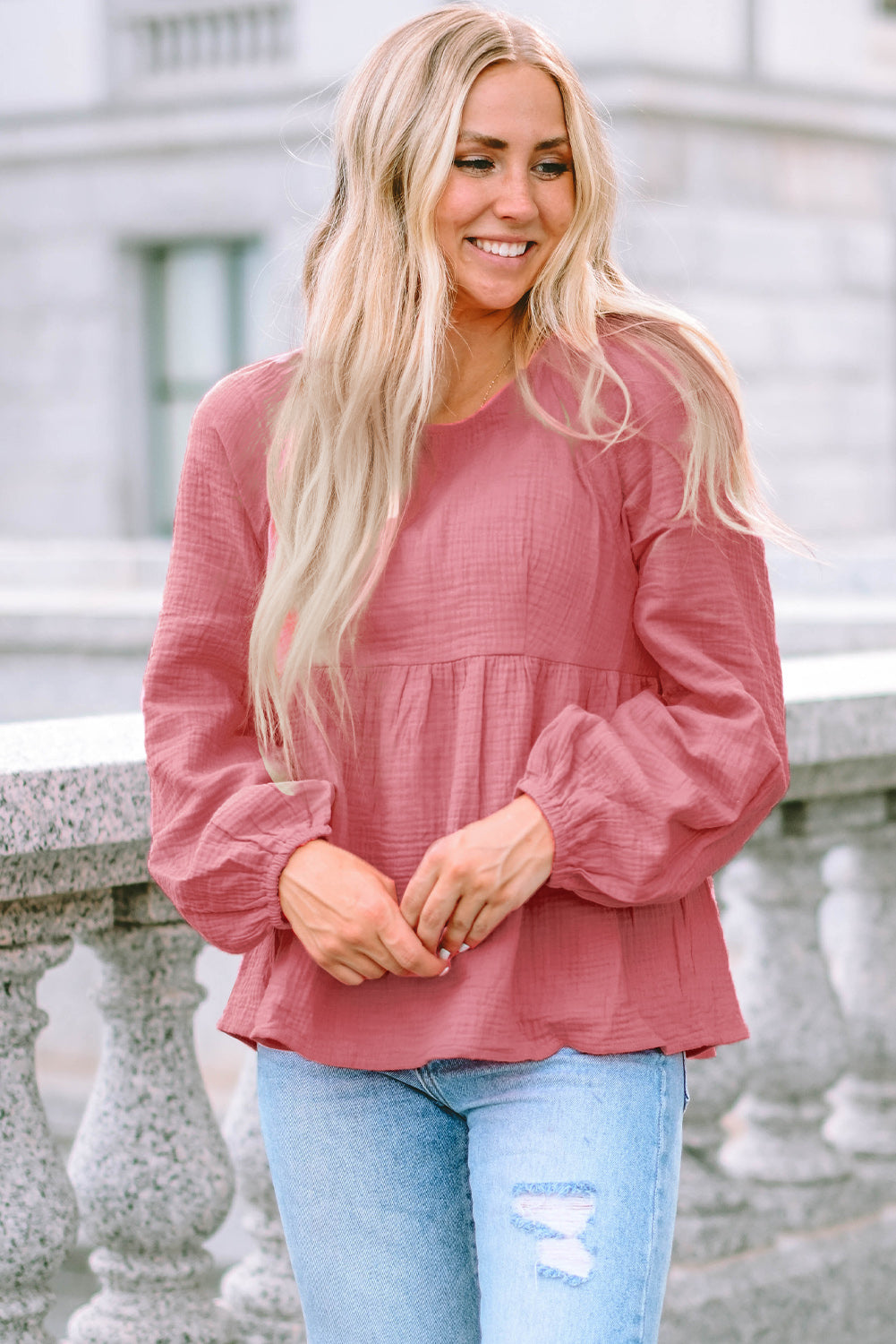 Pink Bubble Sleeve Textured Flowy Blouse