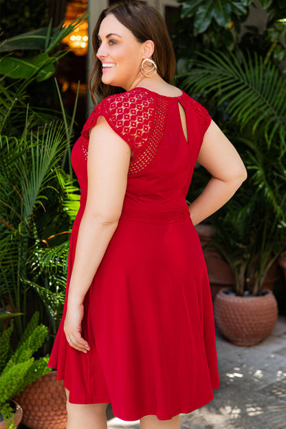 Red Plus Size Lace Yoke Splice Fit-and-flare Curvy Dress