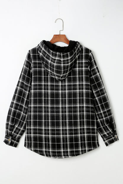 Gray Plaid Pattern Sherpa Lined Hooded Shacket