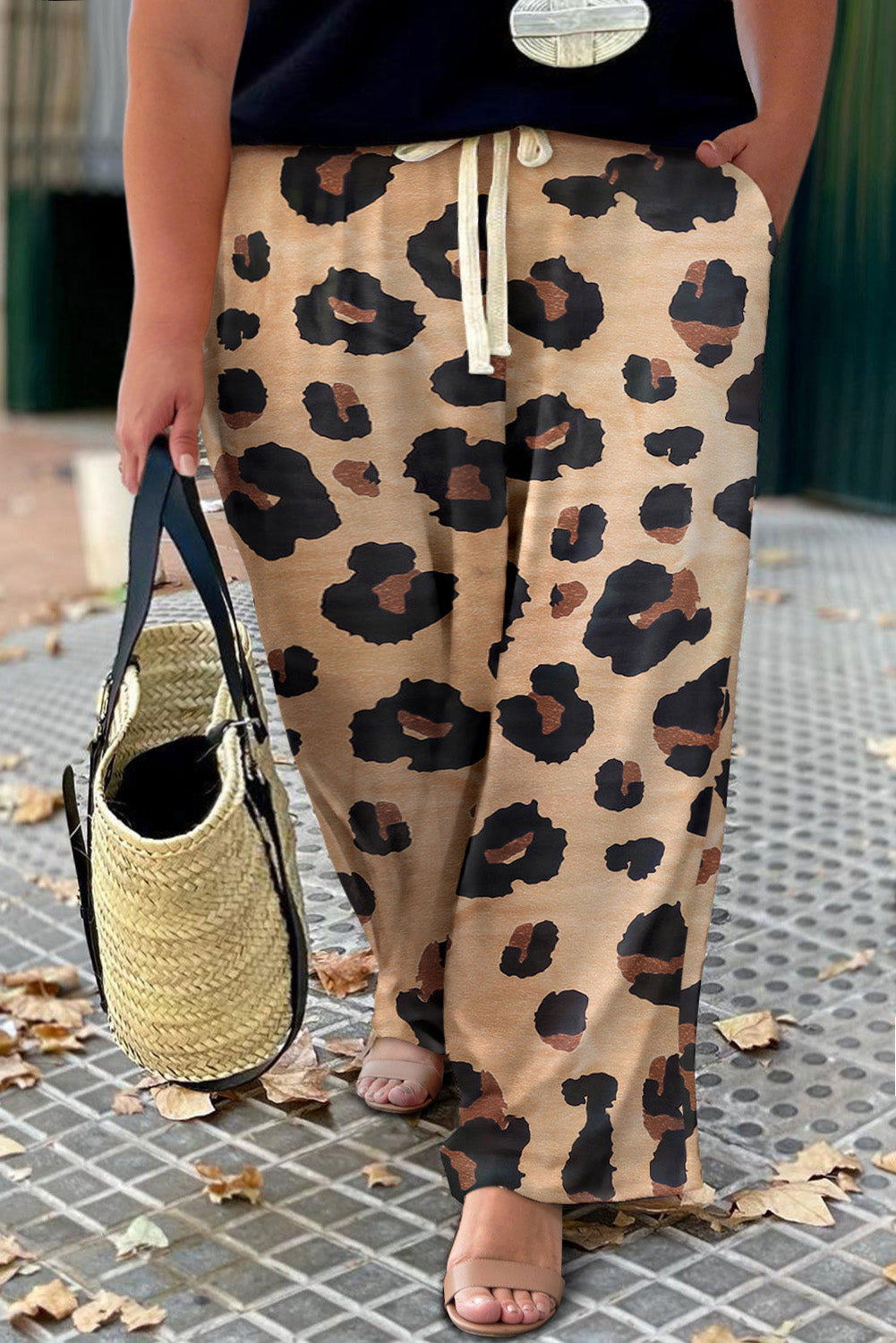 Pantalones casuales de pierna ancha con cordón de leopardo