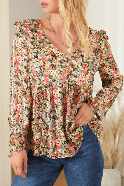 Blusa babydoll con volantes, cuello en V y estampado floral color caqui