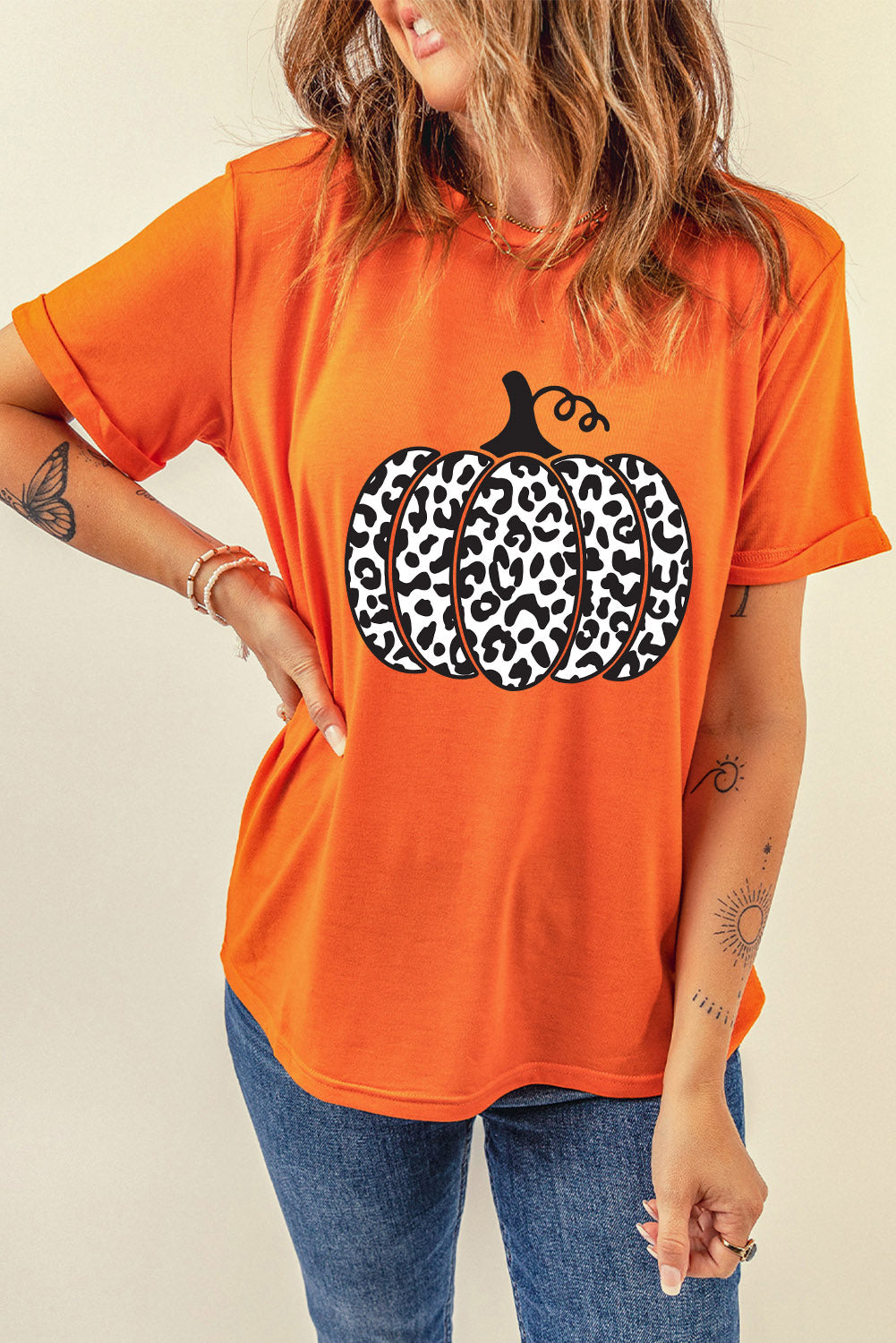 Camiseta de moda diaria con estampado de calabaza y leopardo