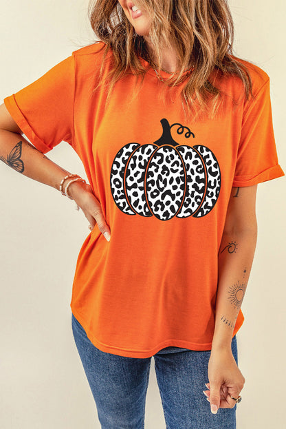 Camiseta de moda diaria con estampado de calabaza y leopardo