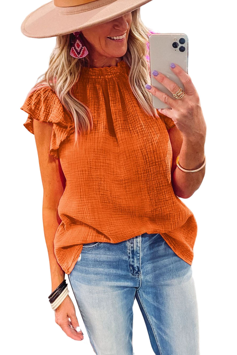 Blusa texturizada con mangas onduladas 