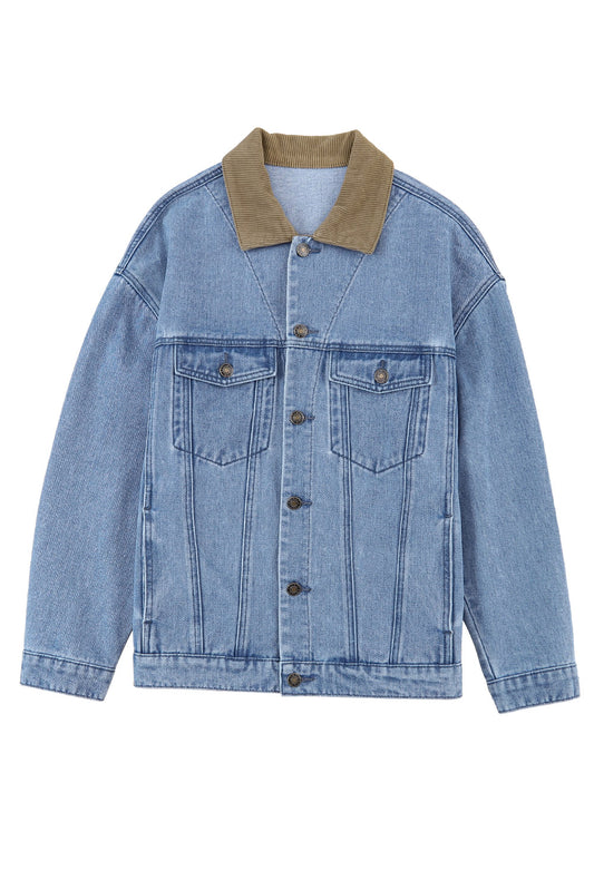 Style-savvy gals, don't miss out on this must-have denim jacket! The corduroy shirt-style collar amps up the chic vibes, while the luxe denim fabric promises long-lasting wear. For a casual-cool look, rock it with a T-shirt and jeans. (75% Cotton, 12.7% Polyester and 12.3% Viscose) -Moodz Boutique