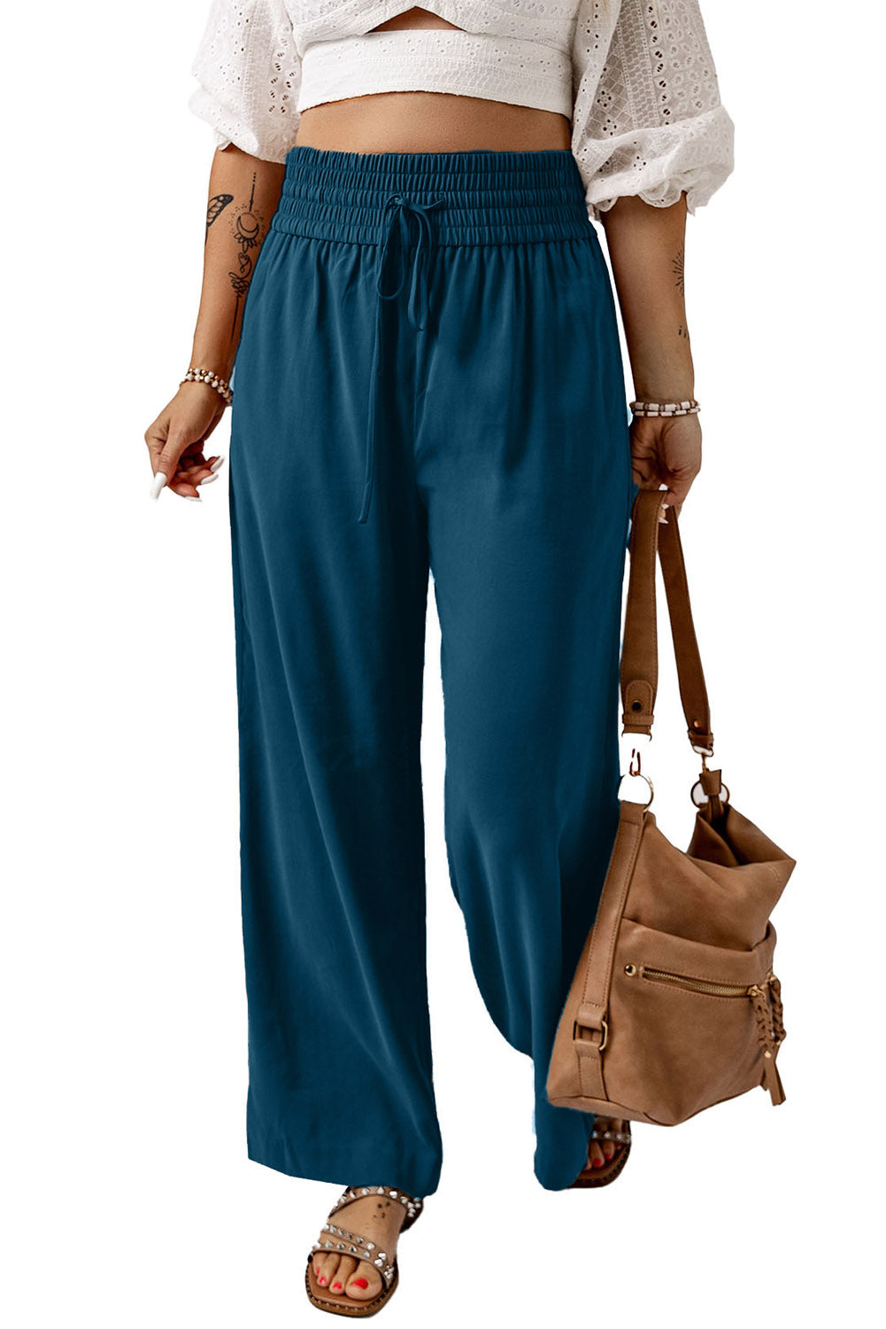 Drawstring Elastic Waist Casual Wide Leg Pants