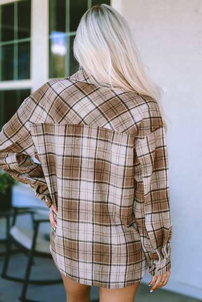 This fab shacket is the perfect finishing touch to your cold-weather look! With classic Plaid, plus convenient and stylish flap pockets, it'll easily tie together any outfit. Dress it up with a top, trousers, or jeans - it's 100% Polyester! Brown bliss awaits at Moodz Boutique.