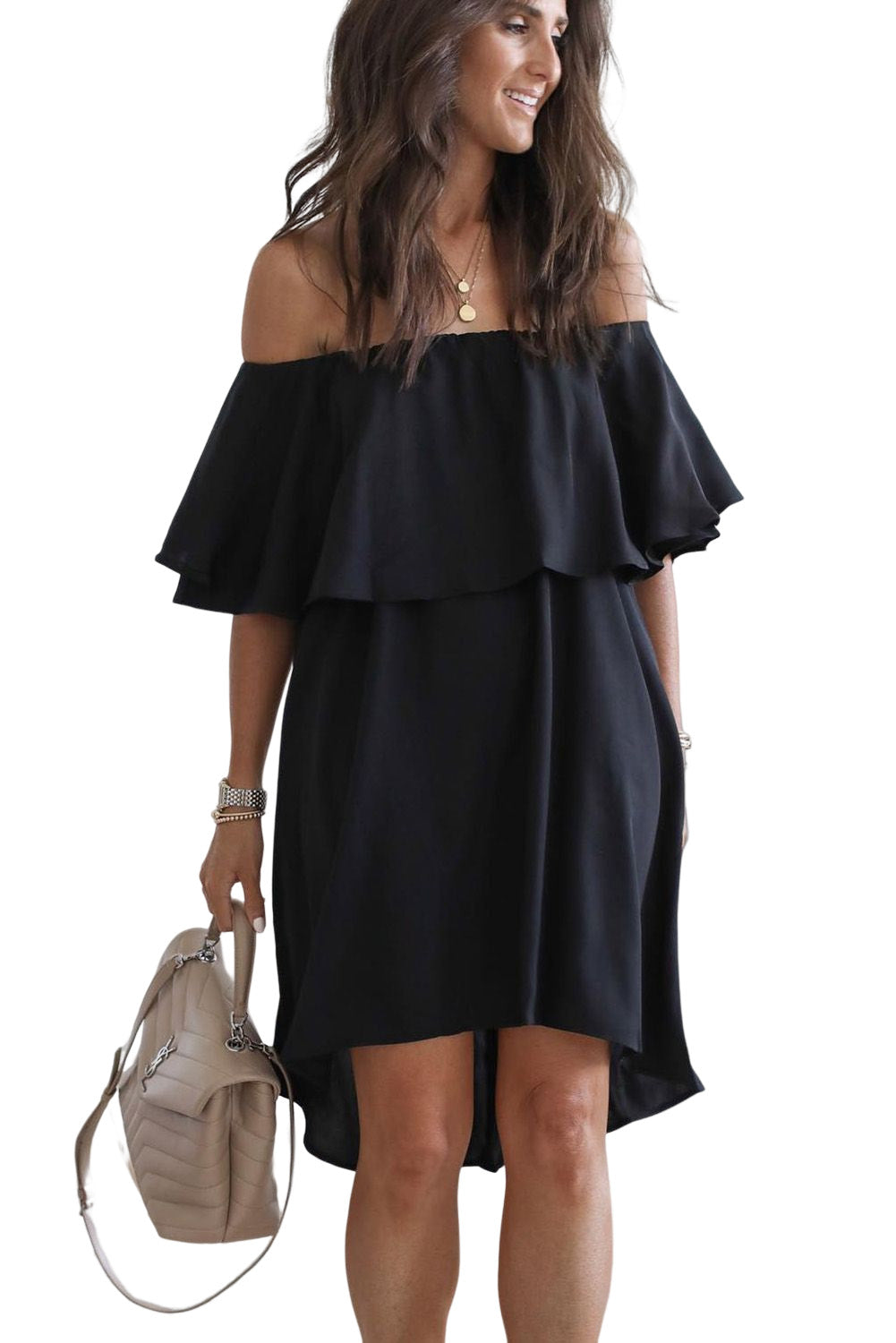 Black Off The Shoulder Ruffle Casual Shift Dress