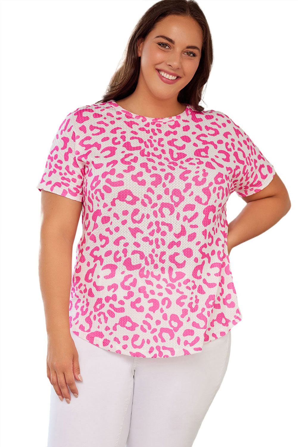 Rose Leopard Print Textured Knit Short Sleeve Plus Size T Shirt