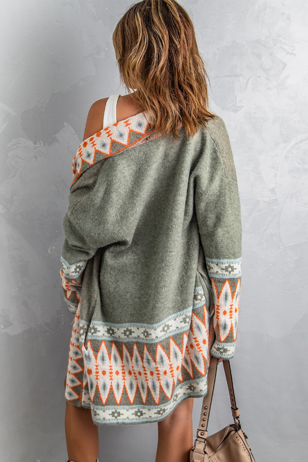 Green Aztec Print Open Front Knitted Cardigan