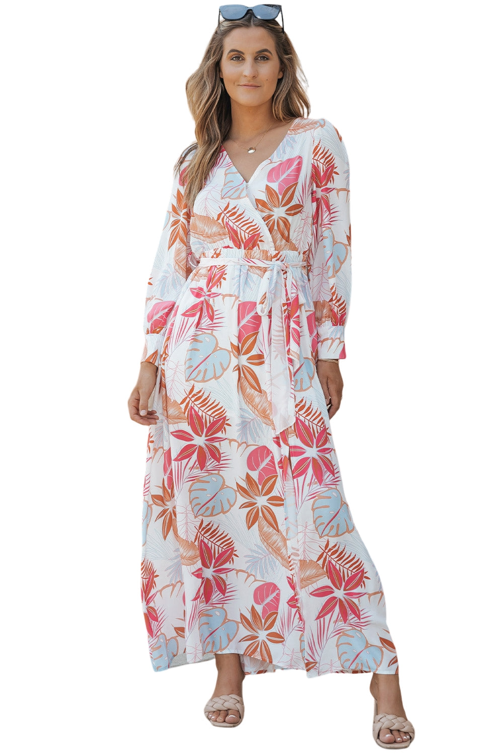 Vestido largo de cintura alta con estampado de palmeras tropicales 