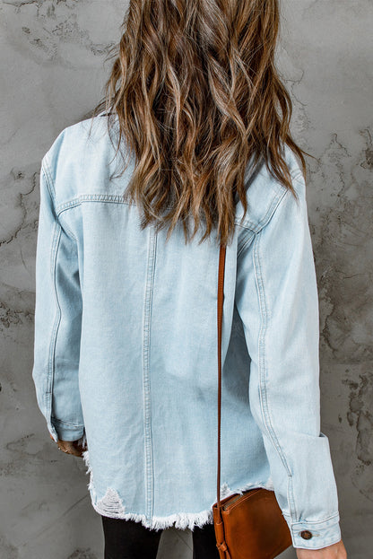 Sky Blue Light Wash Pocketed Distressed Denim Jackets