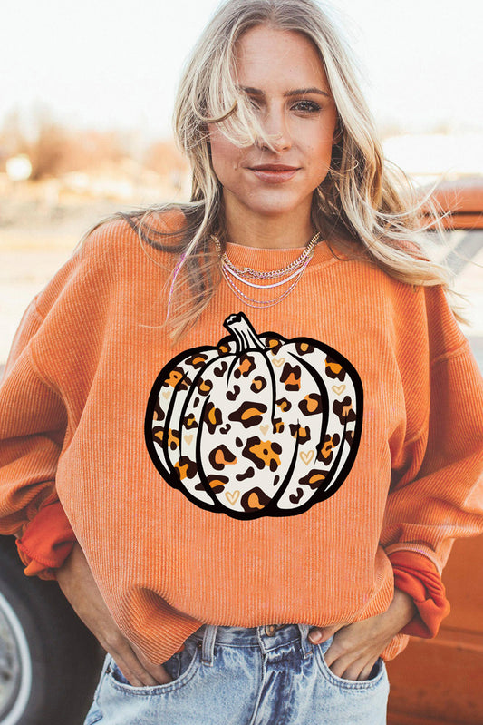 Sudadera con cordón y estampado de calabaza y leopardo en color naranja