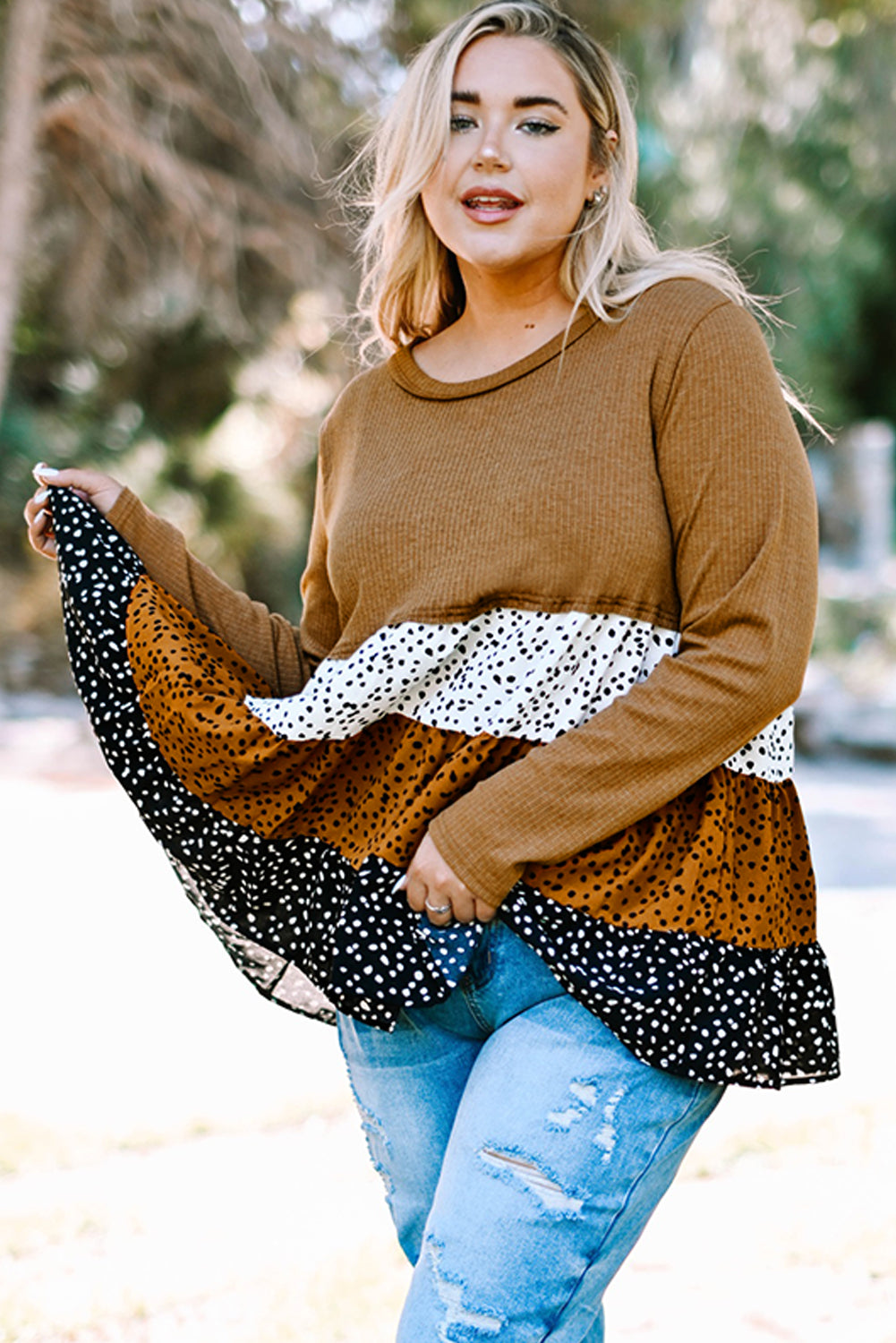 Dotted Knit Ruffled Top