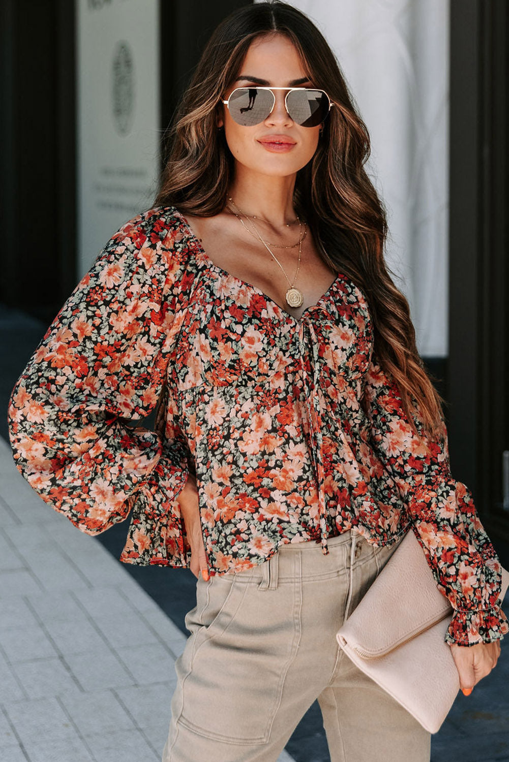 Orange Floral Flounce Sleeve Front Tie Sweetheart Neck Blouse