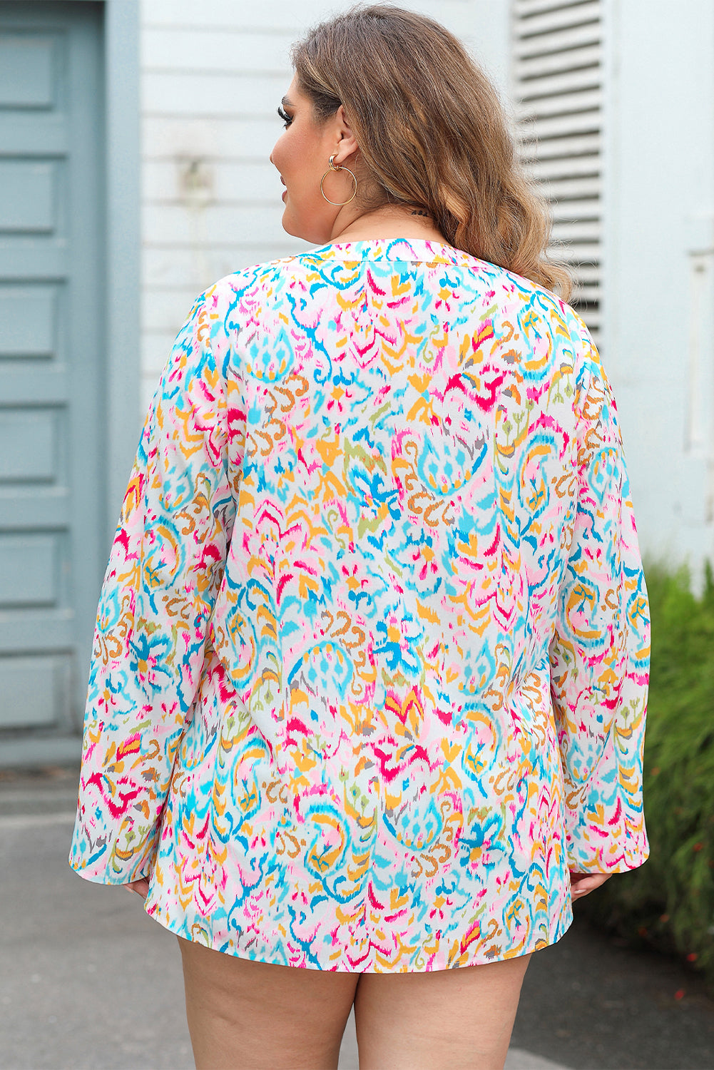 Multicolor Plus Size Geometric Print Notched V-Neck Blouse