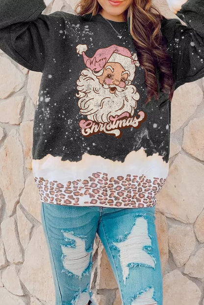 Sudadera con estampado navideño de leopardo y nieve en color negro 