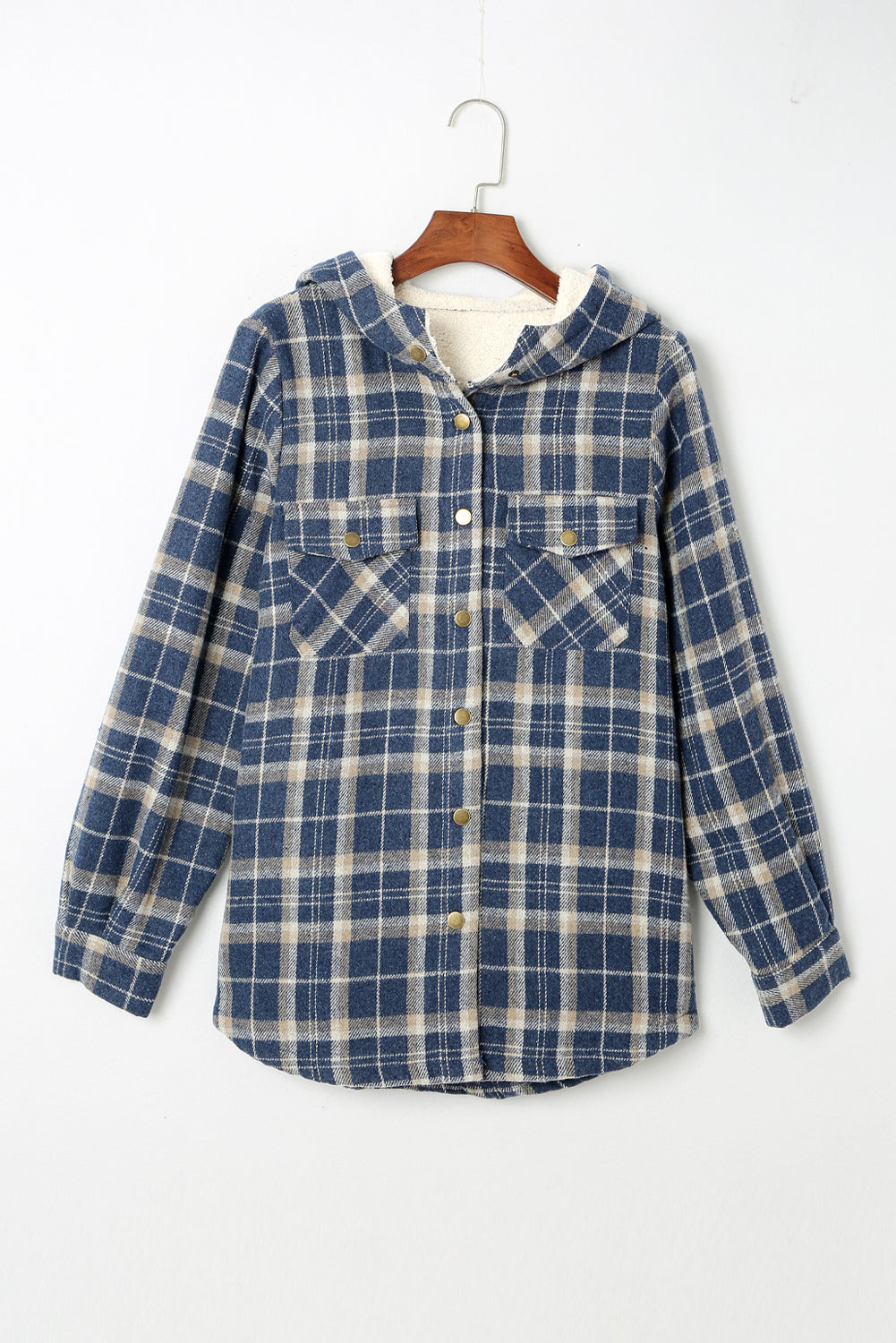 Gray Plaid Pattern Sherpa Lined Hooded Shacket