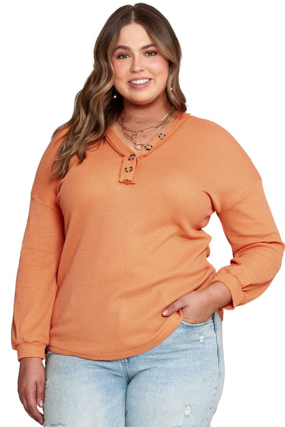 Orange Buttoned V Neck Waffle Knit Top