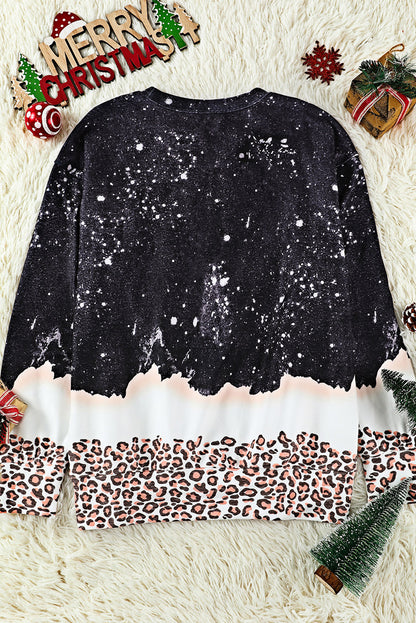 Sudadera con estampado navideño de leopardo y nieve en color negro 