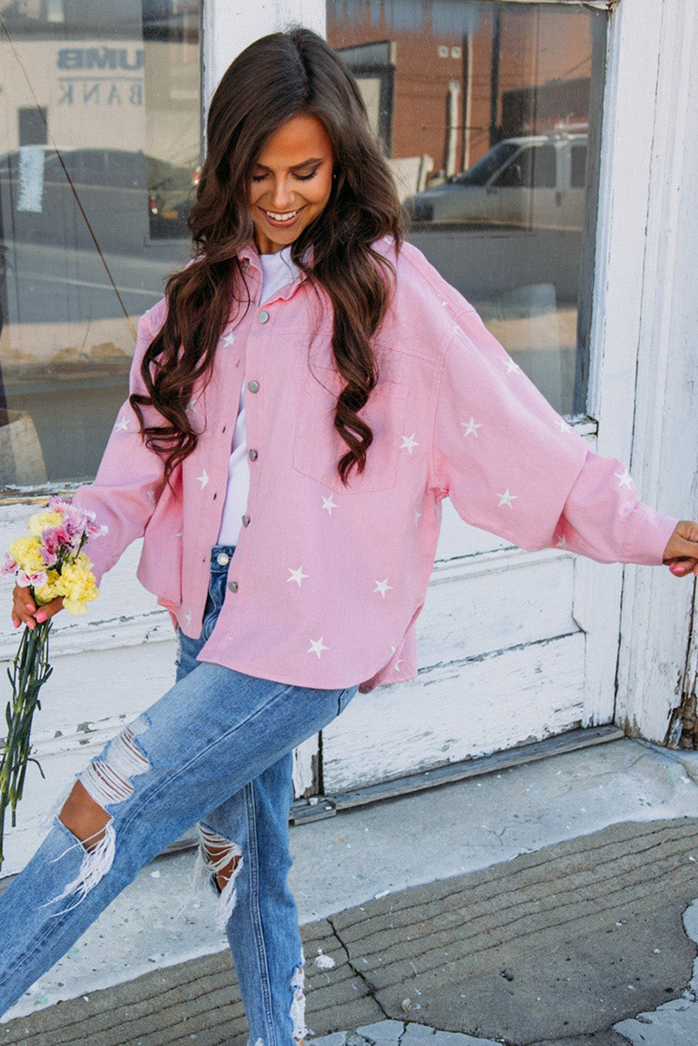 Pink Star Print Button Denim Jacket