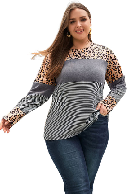 Camiseta de manga larga con parches de rayas de leopardo y vaca en talla grande 