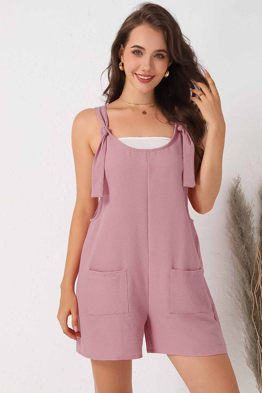 Multicolor Rose Adjustable Straps Pocketed Textured Romper