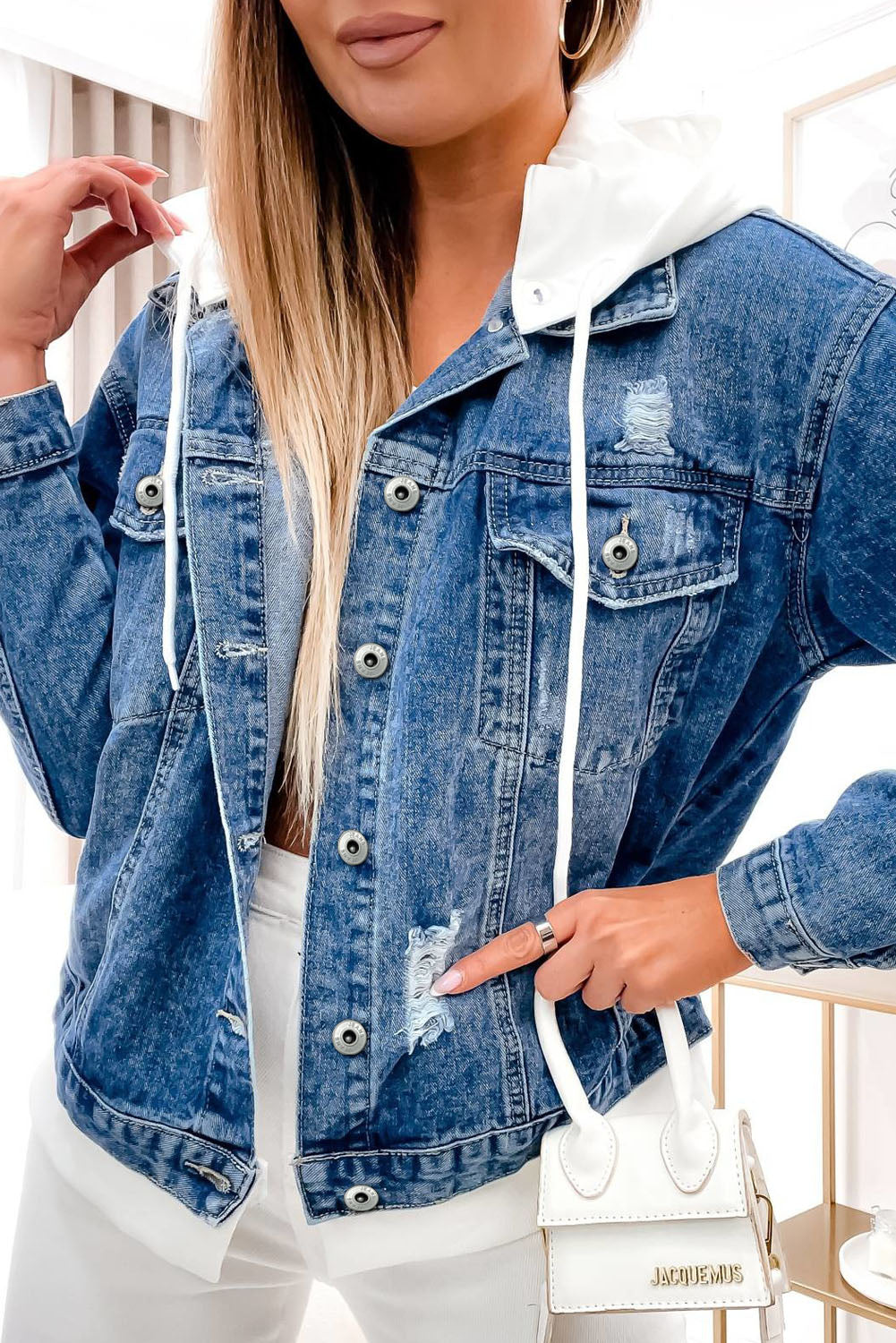 Sky Blue Distressed Contrast Hooded Denim Jacket with Pockets