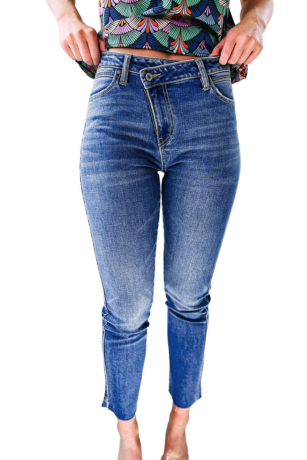 Asymmetrical Skew Button Zip Fly Skinny Jeans