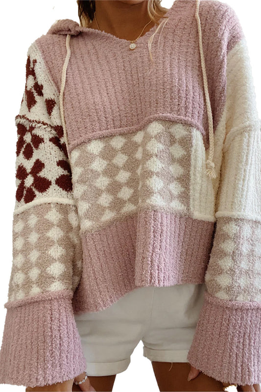 Multicolor Floral Check Pattern Colorblock Wide Sleeve Hooded Sweater