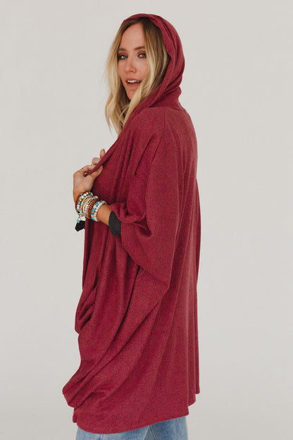 Red Bracelet Sleeve Pocketed Open Front Hooded Cardigan