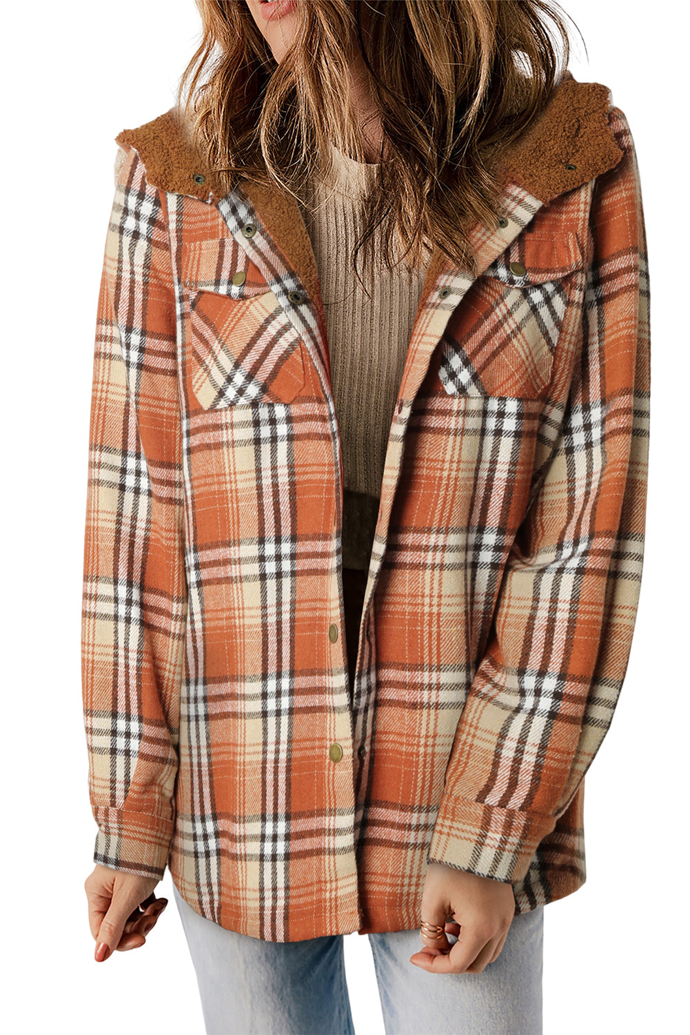 Gray Plaid Pattern Sherpa Lined Hooded Shacket