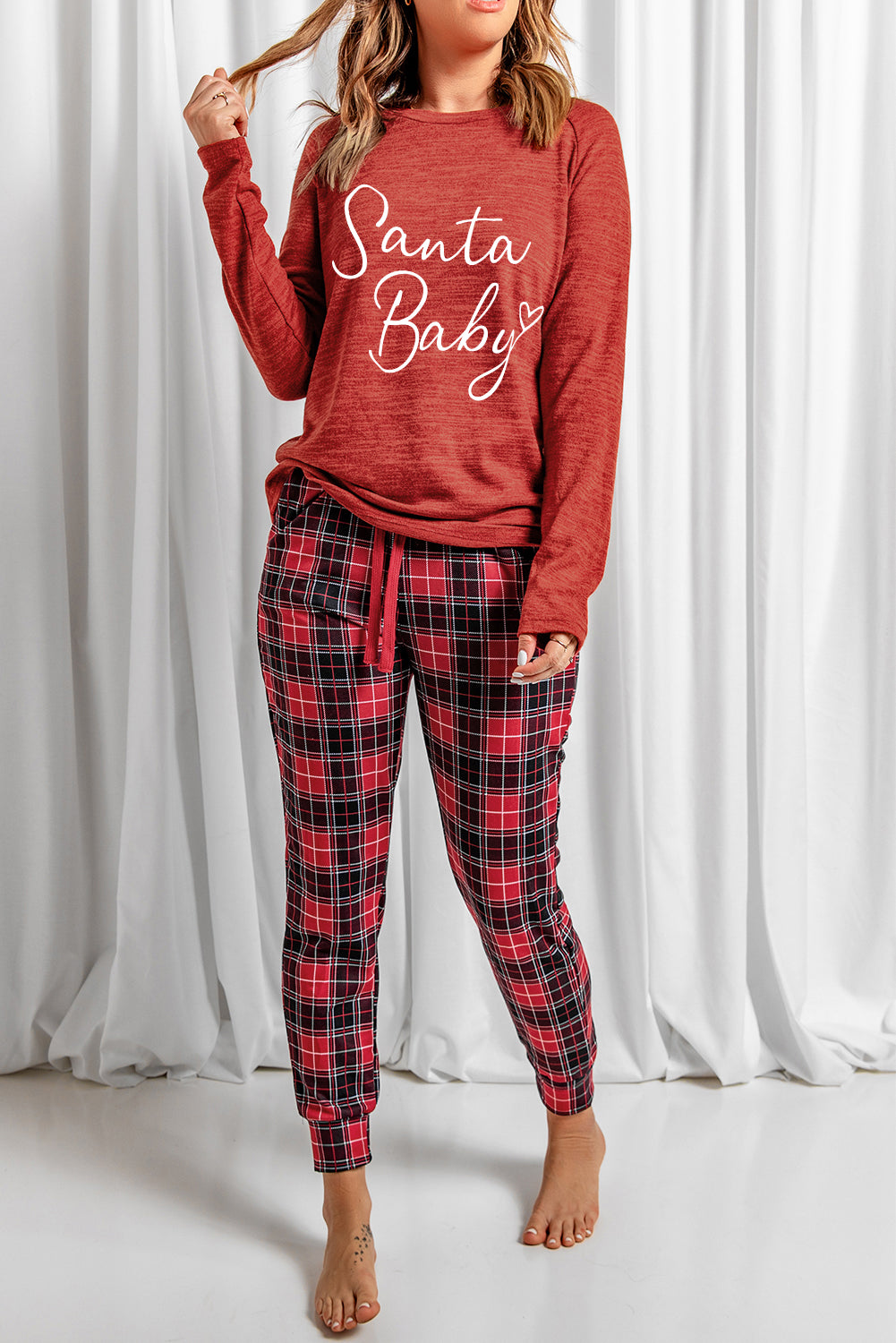 Conjunto de pantalón y top a cuadros con gráfico navideño rojo FELIZ