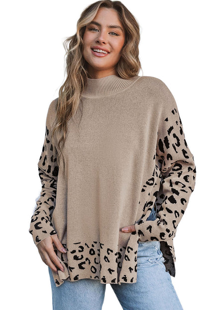 Khaki Leopard Patchwork High Neck Sweater