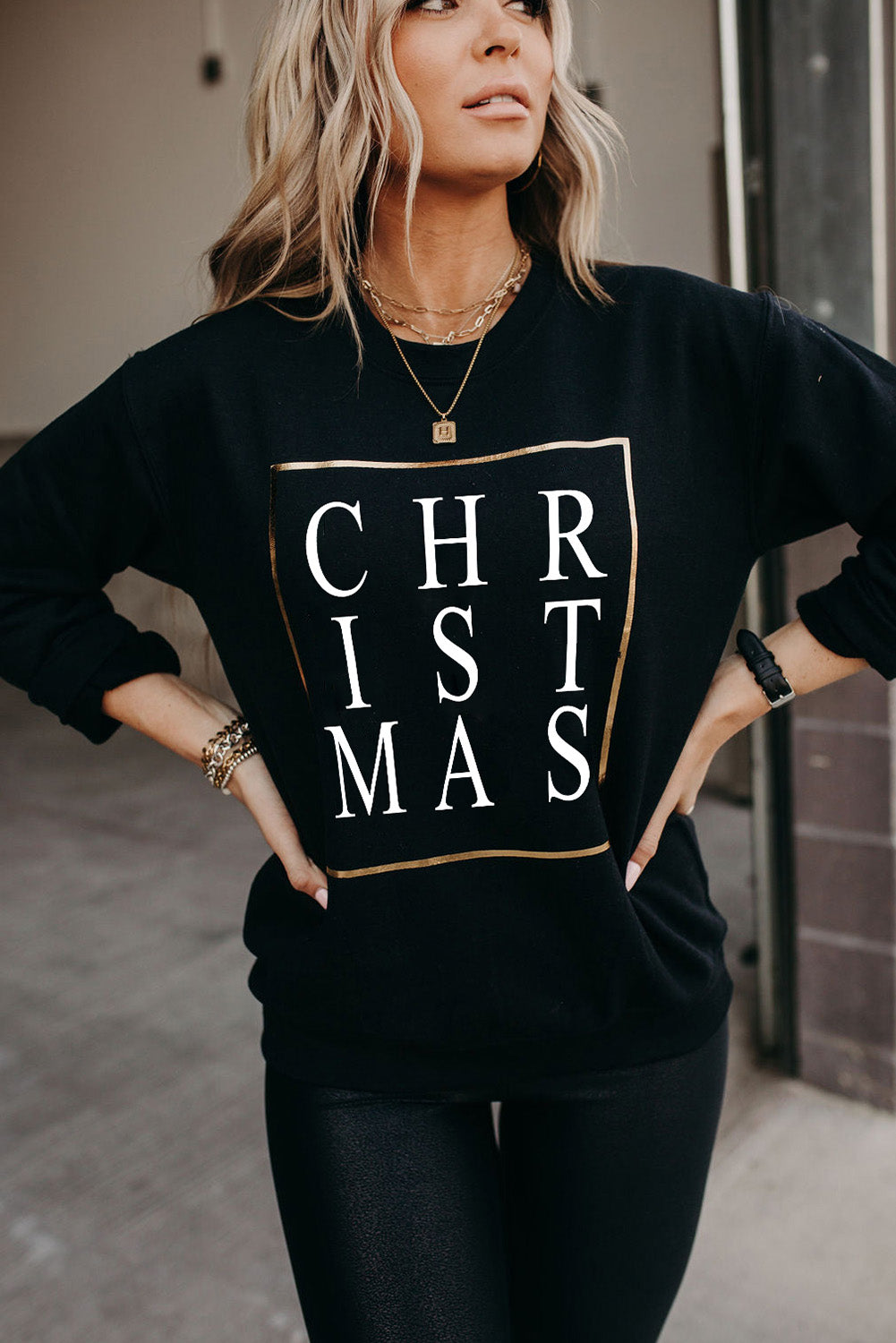 Gray Christmas Letter Plaid Car Graphic Print Pullover Sweatshirt