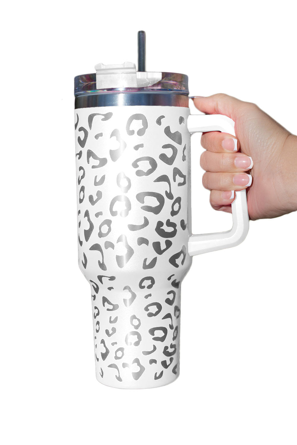 Taza de acero inoxidable 304 con doble aislamiento y manchas de leopardo rosa de 40 oz