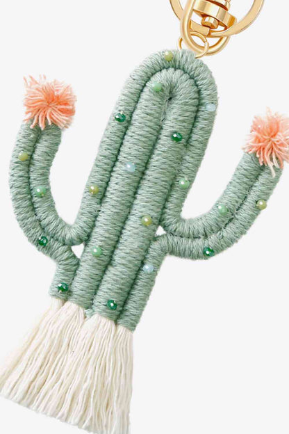 Llavero con forma de cactus y flecos con adornos de cuentas