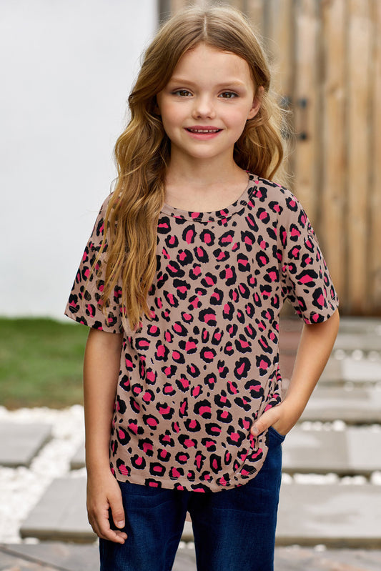 Camiseta de hombros caídos con estampado de leopardo para niñas