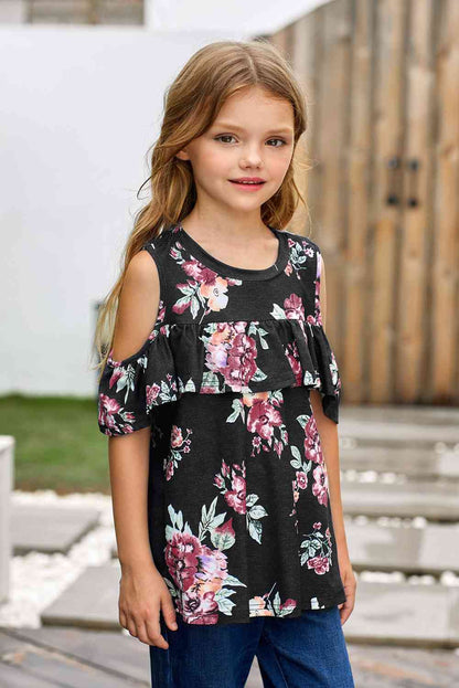 Blusa con volantes y hombros descubiertos con estampado floral para niñas