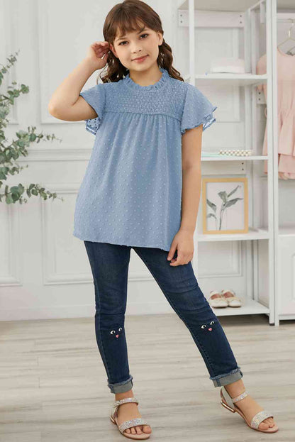 Blusa con mangas abullonadas y fruncido de lunares suizos para niñas