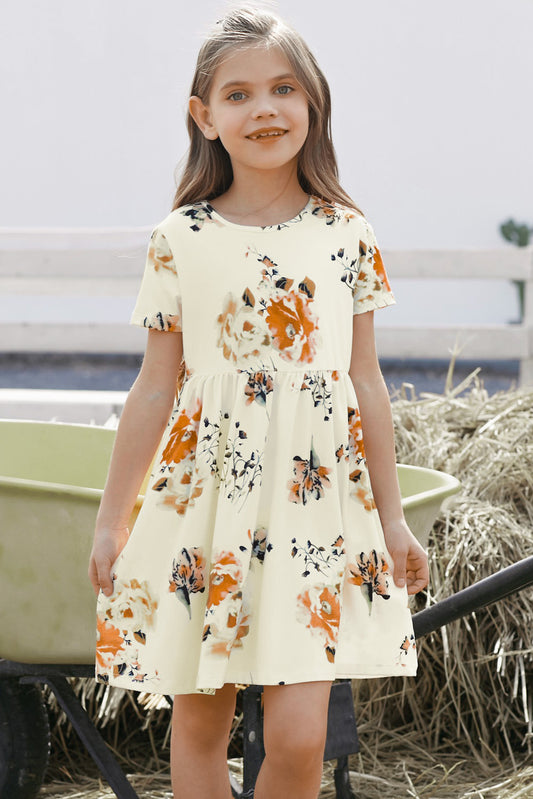 Vestido de cuello redondo y manga corta con estampado floral para niñas