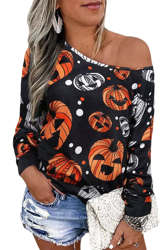 Sudadera con estampado de Jack-O'-Lantern en un solo hombro