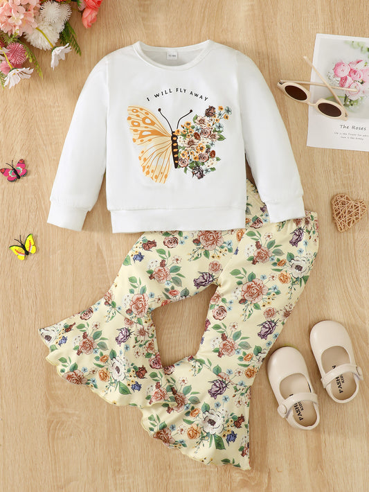 Let your little fashionista soar with this darling I Will Fly Away Butterfly Graphic Tee and Floral Print Flare Pants Set! A stylish combination of floral print and cute style, this set features a ruffle neckline and long, regular sleeves made from 100% Polyester. Perfect for babies and toddlers, this one is sure to be a hit!