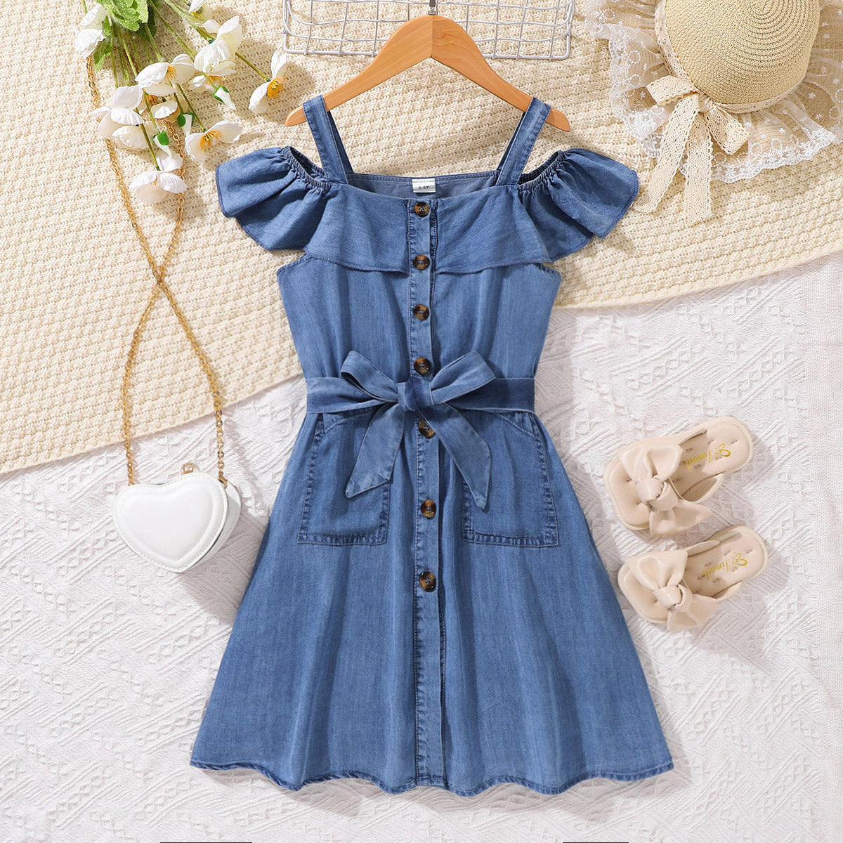 Vestido vaquero con botones y hombros descubiertos para niñas