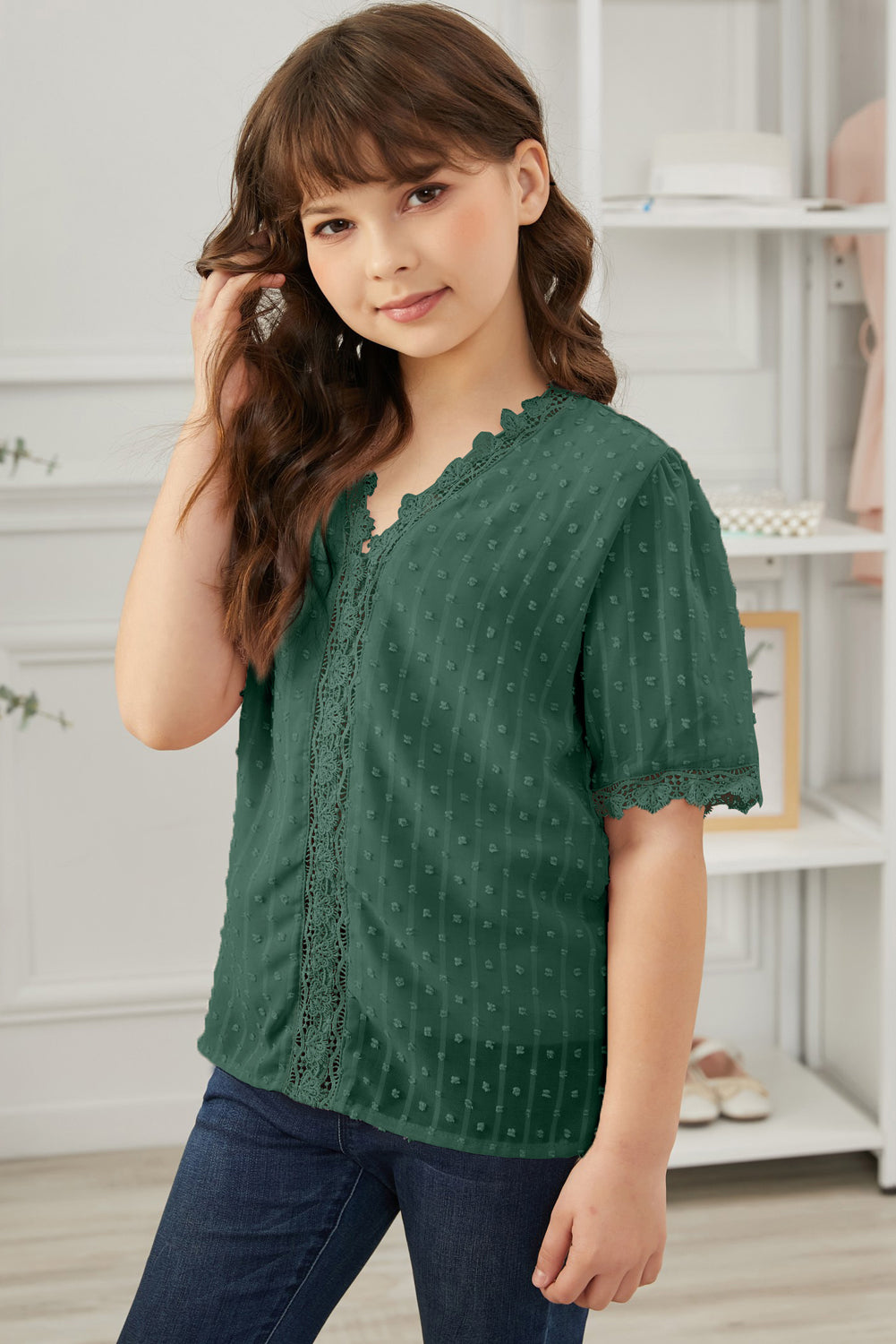 Blusa de encaje con puntos suizos para niñas